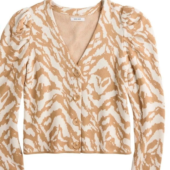 Nine West Puff Sleeve Cardigan Women’s Medium | Tan White Animal Print Sweater | - Picture 3 of 12